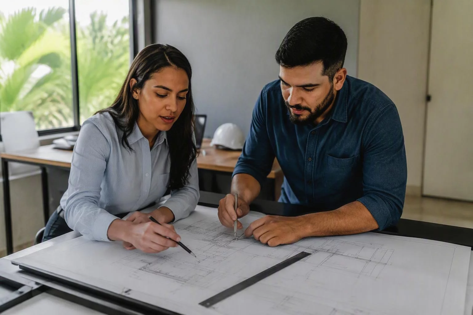 Dois engenheiros revisando a ficha técnica da encomenda sobre a mesa de desenho